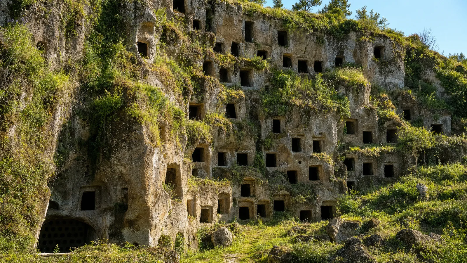 Facciata di tufo perforata dalle camere sepolcrali della necropoli di Centocamere