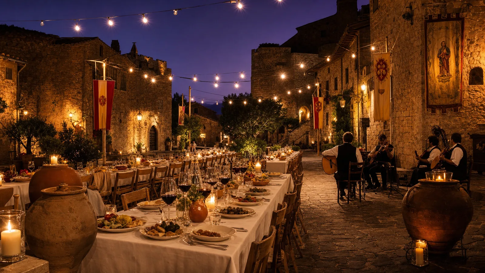 Sagra serale nel borgo con tavolate imbandite sotto le luminarie