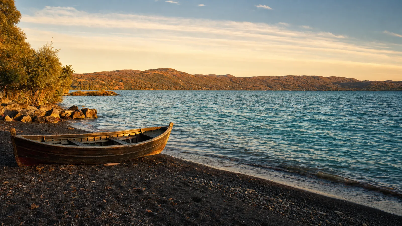 Spiaggia del Lago di Bolsena con barca in legno all'alba
