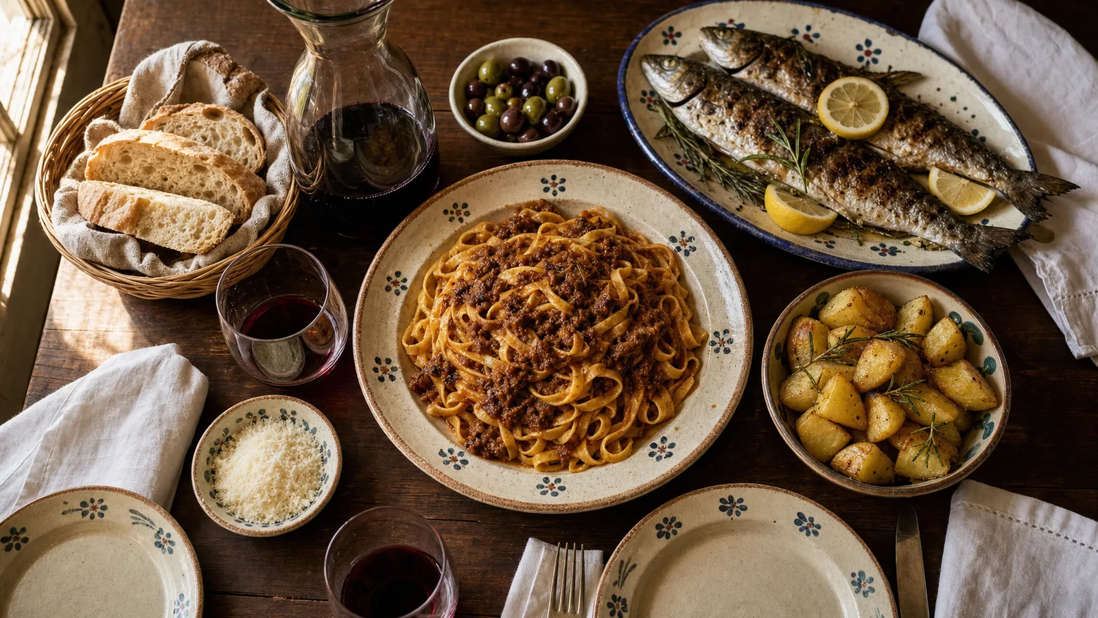 Tavolata di trattoria con tagliatelle al ragù, coregone del lago e patata IGP