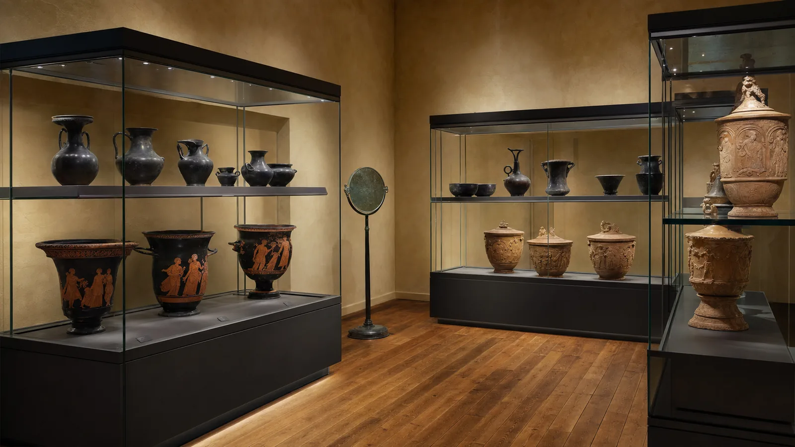 Sala del Museo Civita con vetrine di bucchero e crateri a figure rosse etruschi