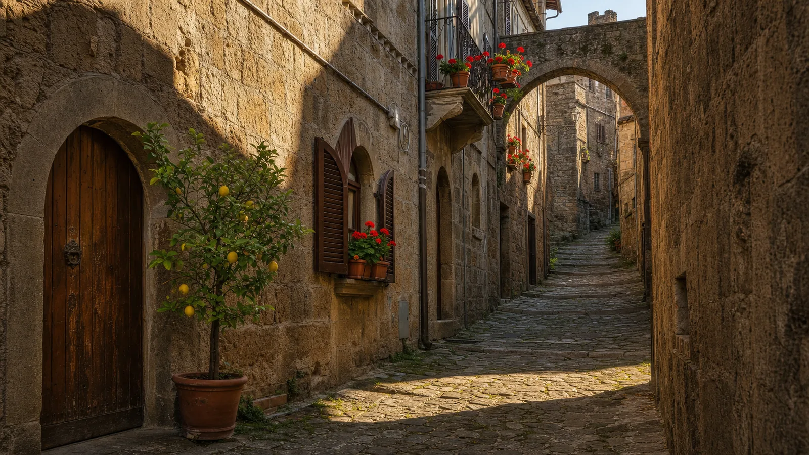 Vicolo medievale in pietra con gerani rossi e arco di tufo